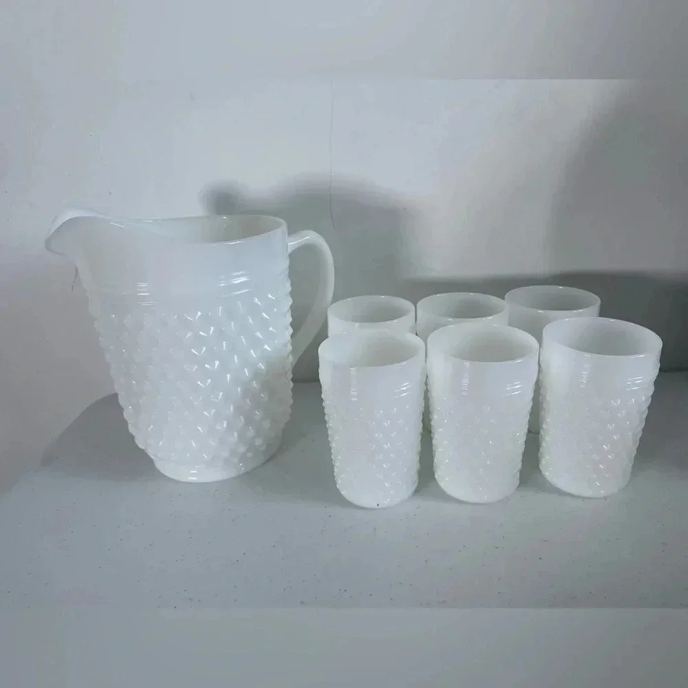 Vintage Anchor Hocking White Hobnail Milkglass Pitcher and Glasses